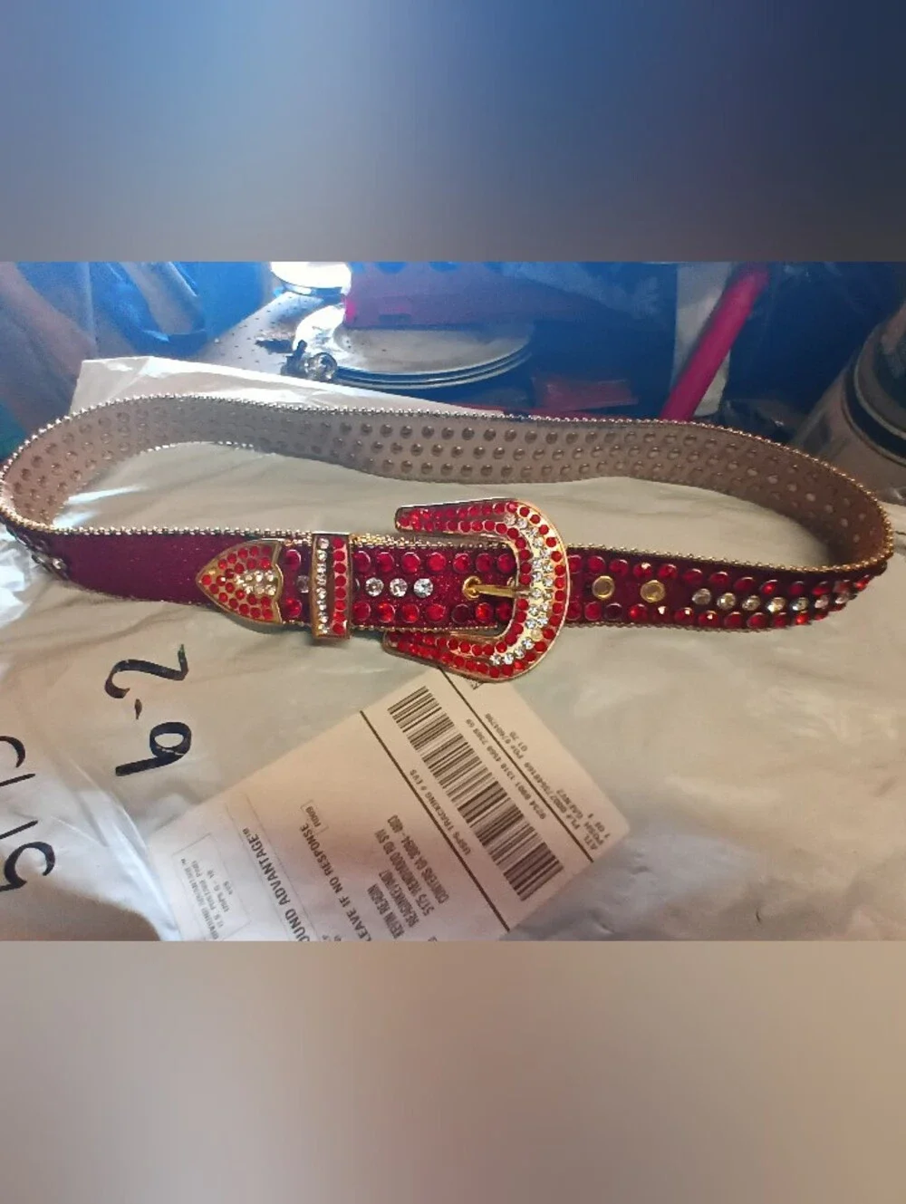 DNA - Belt RUBY Red FAUX Alligator Skin. Ruby Red And Clear Rhinestone Buckle
